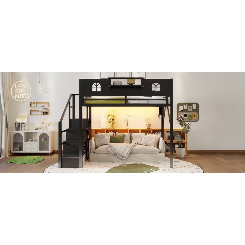 Roomfitters Full/Queen Metal Loft Platform Bed, Staircase Wardrobe and LED Charging Station with House Guardrails for Bedrooms