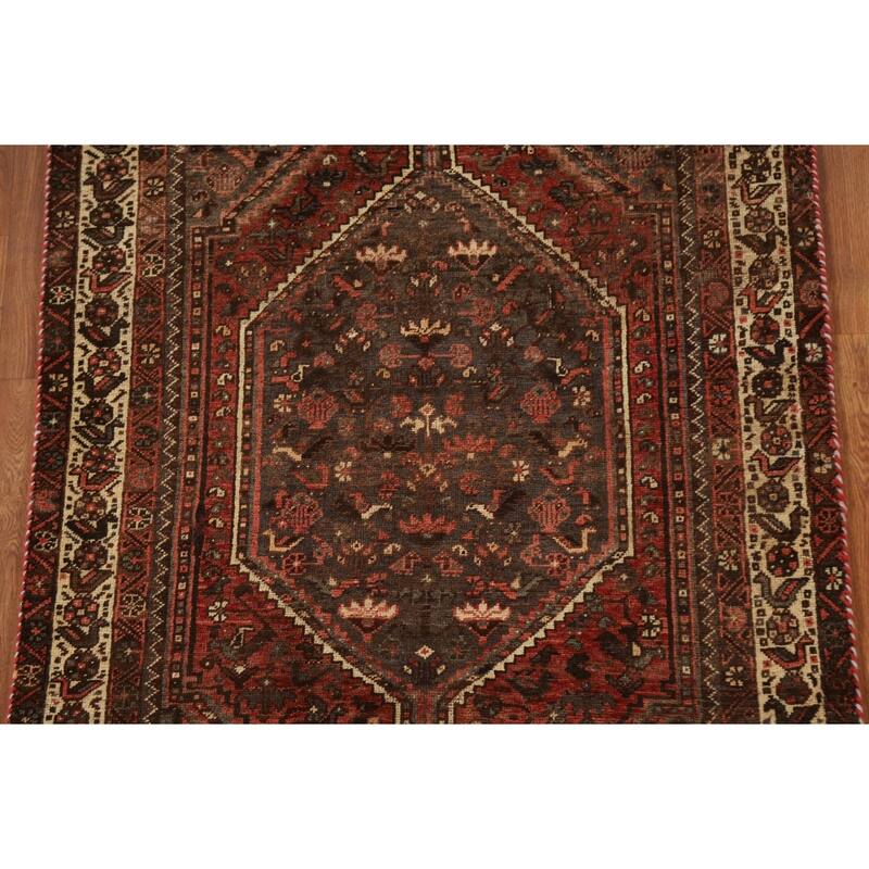 Hand-knotted Qashqai Persian Vintage Area Rug Grey Wool Carpet - 3'9"x 5'6"