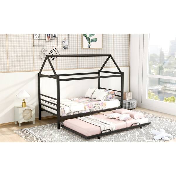 slide 2 of 24, Twin Metal House-Shaped Platform Bed with Trundle, Space-Efficient Design Black - Twin