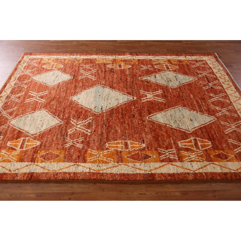 Orange Geometric Moroccan Oriental Rug Handmade Wool Carpet - 6'1" x 8'6"