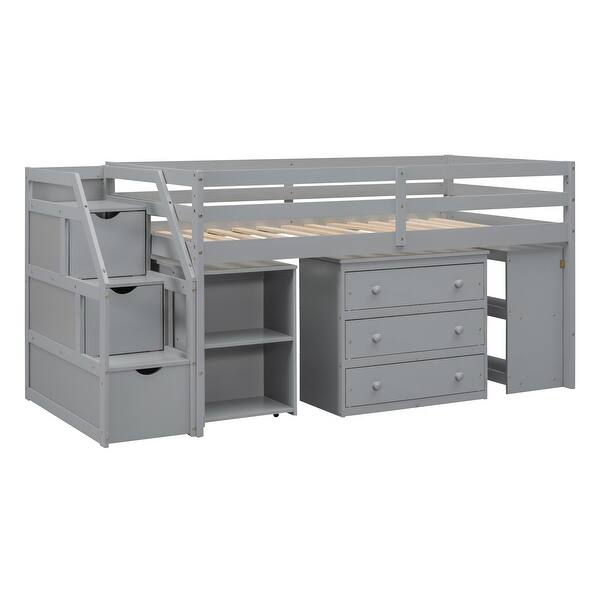 slide 2 of 51, Twin Loft Bed with Desk, Drawers & Storage Stairs Gray