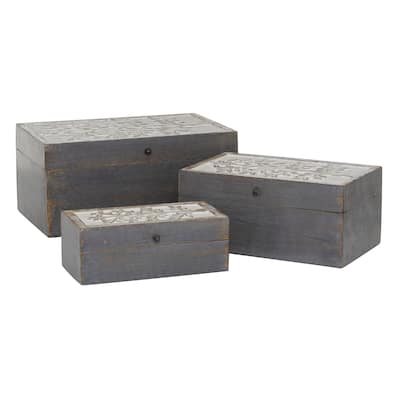 Wood Floral Box with Hinged Lid - Set of 3 Gray - Roche River Decor - 8"W x 12"L x 6"H