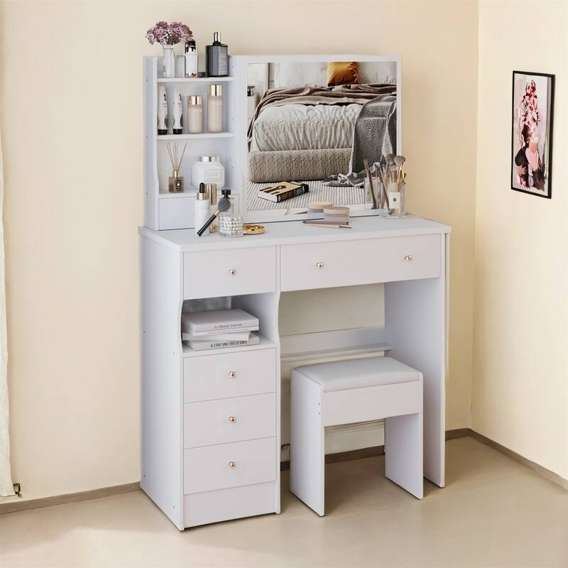 37" Mid-Size Left-Drawer Vanity Table with Cushioned Stool and Sliding Mirror