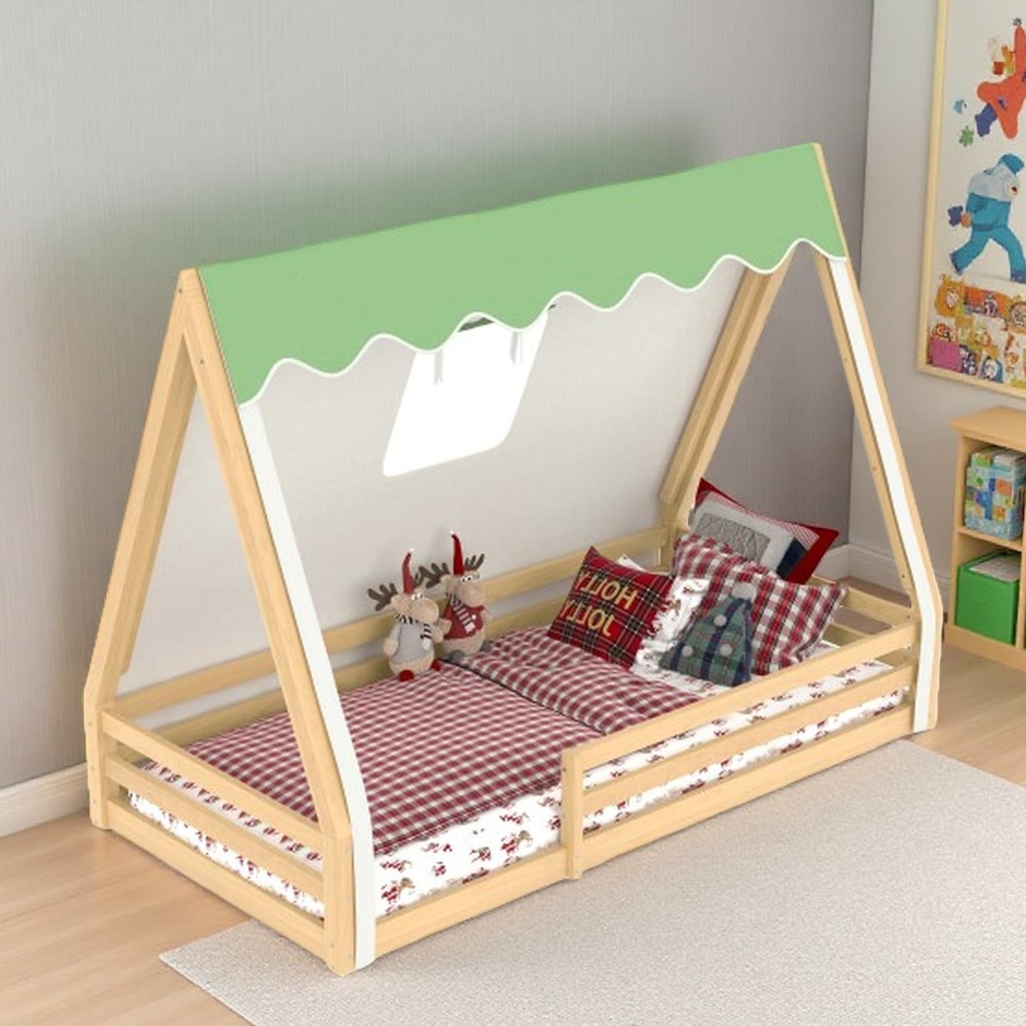 Twin Montessori-Style House Floor Bed with Tent and LED Lights, Solid Wood Teepee Bed with Full Guardrails for Kids