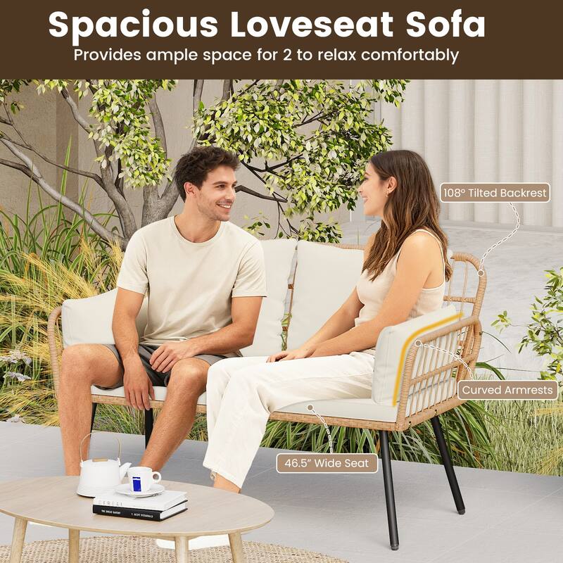 Gymax Patio Wicker Loveseat Furniture w/Seat Back Cushions Heavy-Duty