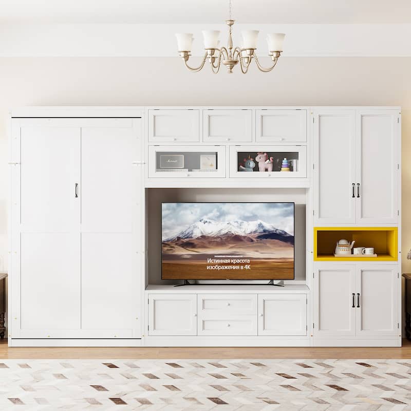 Twin Size Wooden Murphy Bed with TV Stand, Flip-Up Cabinets & Vibrant Accent Storage by Harper&Bright Designs