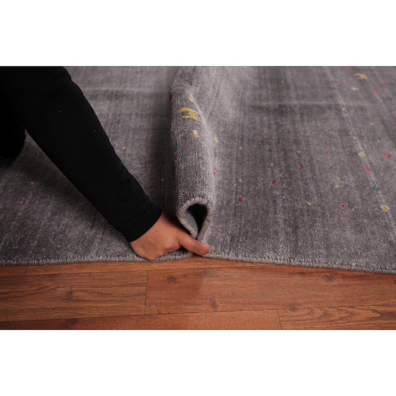 Tribal Gray Gabbeh Indian Square Area Rug Silk Carpet - 7'10" X 7'10"