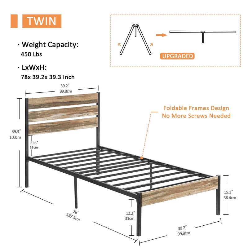 Javlergo Platform Bed Frame with Wood Headboard, Strong Metal Slats Support No Box Spring Needed