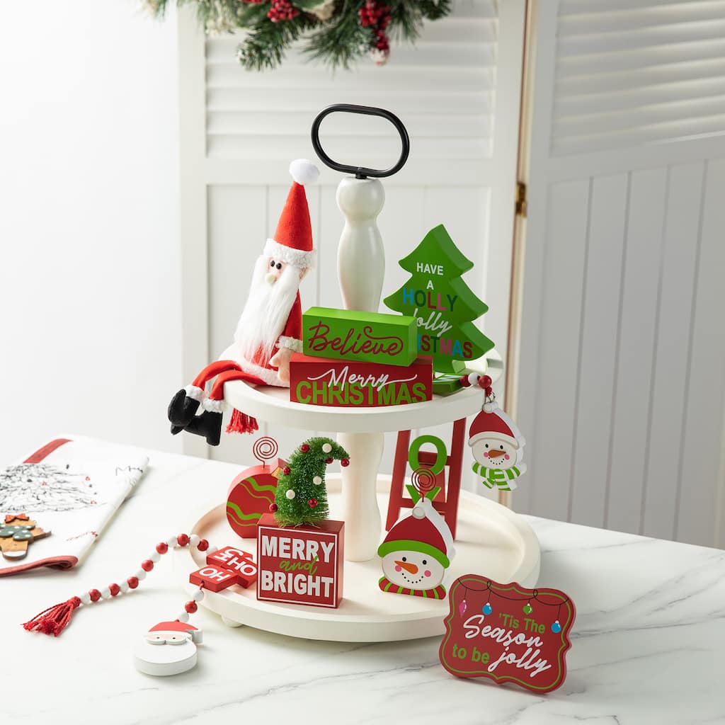 Glitzhome Set of 11 Christmas Wooden Word Signs Fabric Santa Bead Garlands Tiered Tray Set Xmas Table Decor