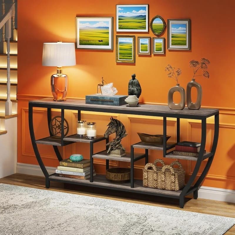 Industrial Console Table with Metal Frame 7 Staggered Shelves Entryway Sofa Hallway Table TV Stand - 70.86" x 11.81" x 35.43"