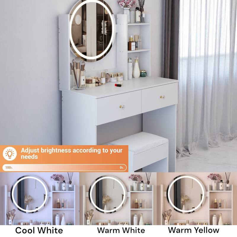 KISRAIS 31.5" Fashion Vanity Desk with Mirror and Lights, 3 Color Lighting Brightness Adjustable