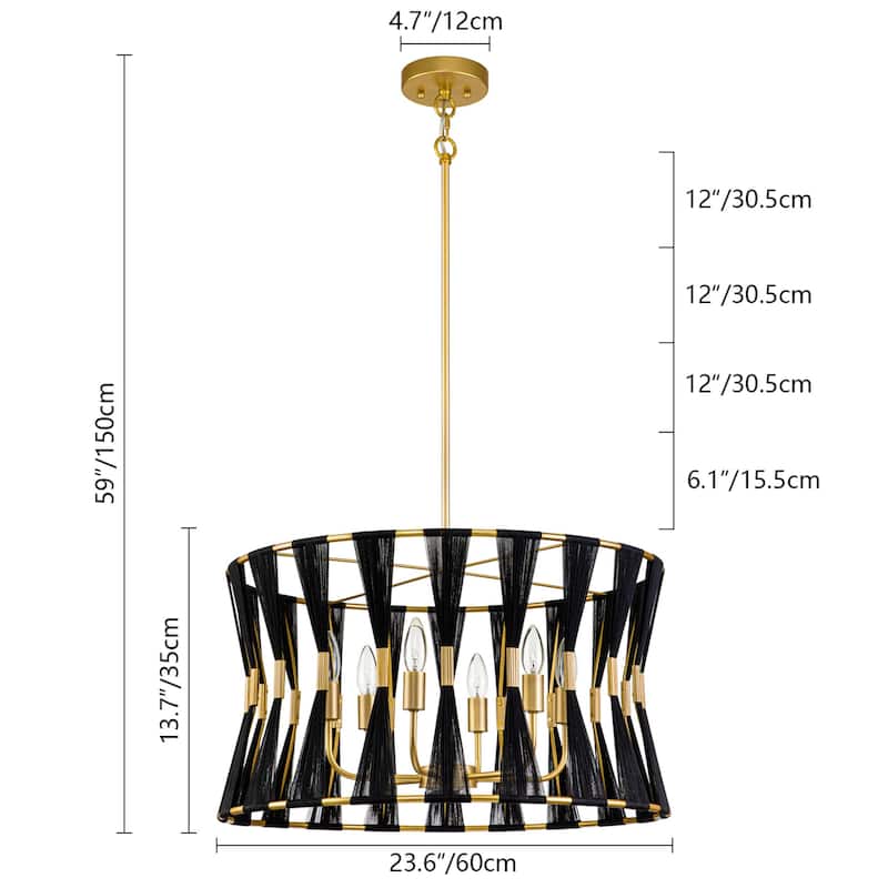 6-light Modern Boho Hand-wrapped Woven Chandelier Natural Ivory Rope Fabric Drum Pendant Light