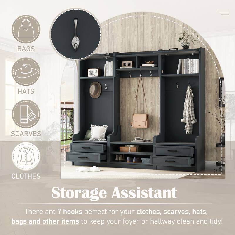 4-in-1 Detachable Hall Tree with Storage, 7 Hooks, Coat Rack, Drawers & Cabinet, Black Shoe Bench for Entryway Hallway