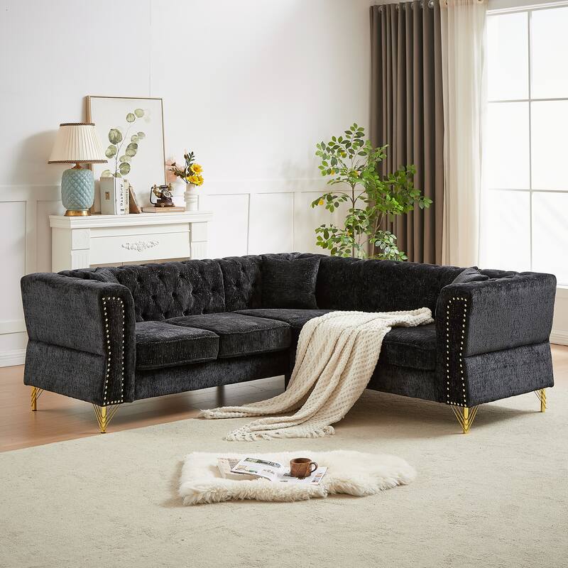 Black 81.5'' Chenille L-Shaped 5-Seat Sectional Sofa with 3 Cushions, Stylish Corner Couch for Living Room or Bedroom - Black