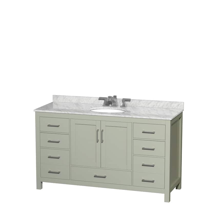 Wyndham Collection Sheffield Single Vanity Set - 60-Inch Single - Light Green, White Carrara Marble Top, Nickel Trim