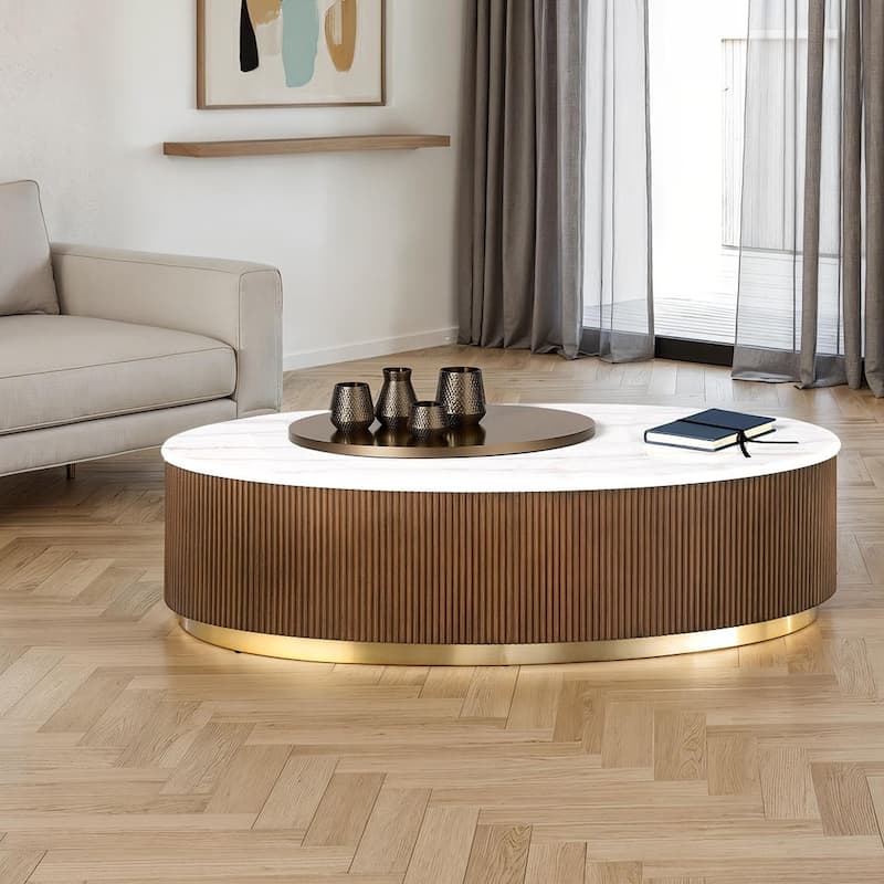 Modern Genuine Marble Top Coffee Table with Accent Gold Stainless Steel Base - White+Brown(1PC) - 50" L Oval