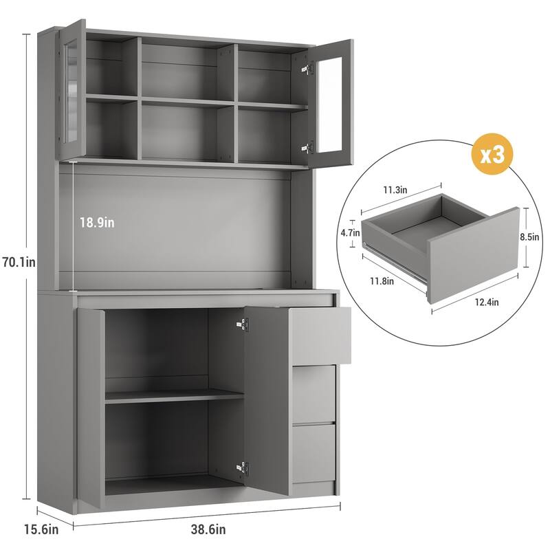 71" Pantry Cabinet with Charging Station,Tall Kitchen Pantry Storage Cabinet with Led Lights - Grey