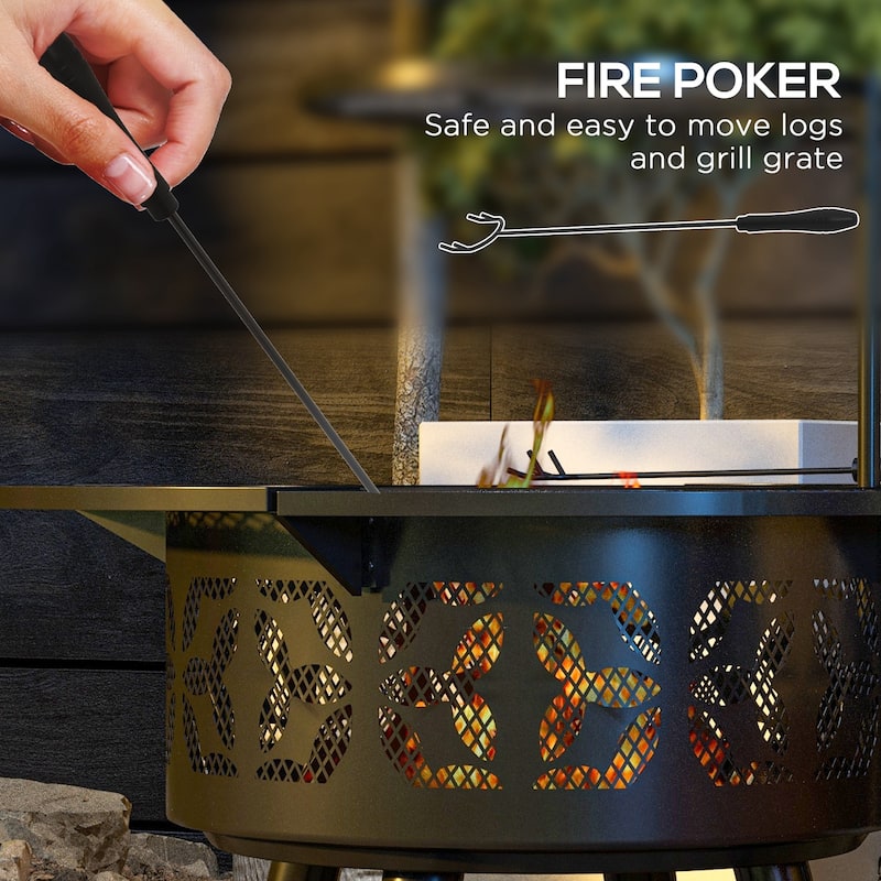 33" Portable Wood Burning Fire Pit w/ Cooking Grate, Pan, Poker - 33" Dia. x 33" H