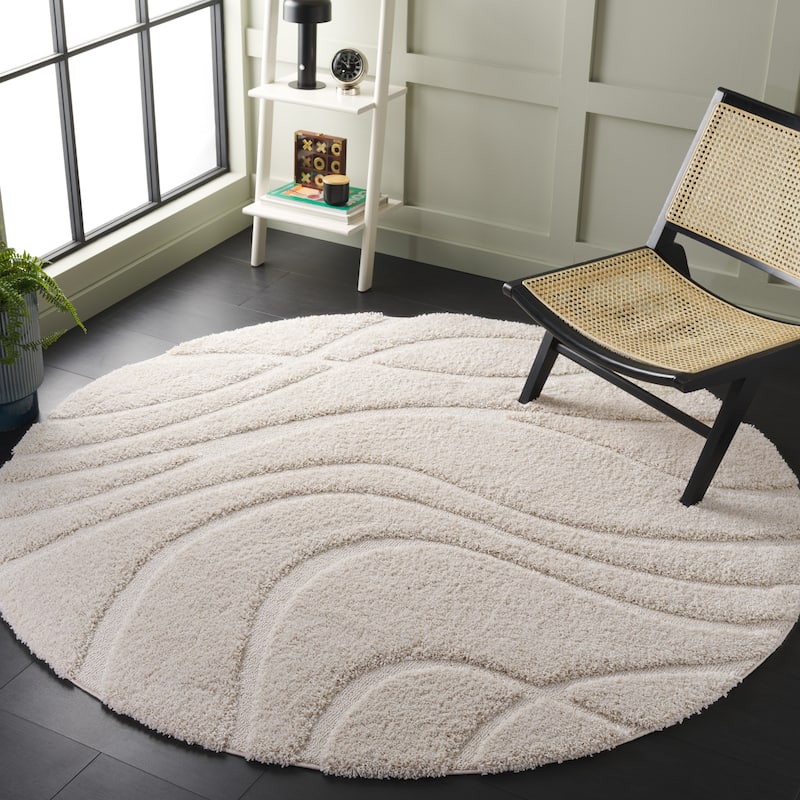 SAFAVIEH Florida Shag Sigtraud Abstract Waves 1.2-inch Thick Rug - 3' Round - Creme - Round