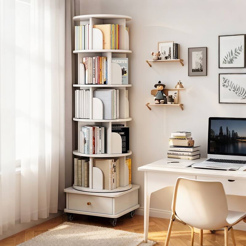 6 Tier Display Round Spinning Bookshelf with Wheels,Warm White