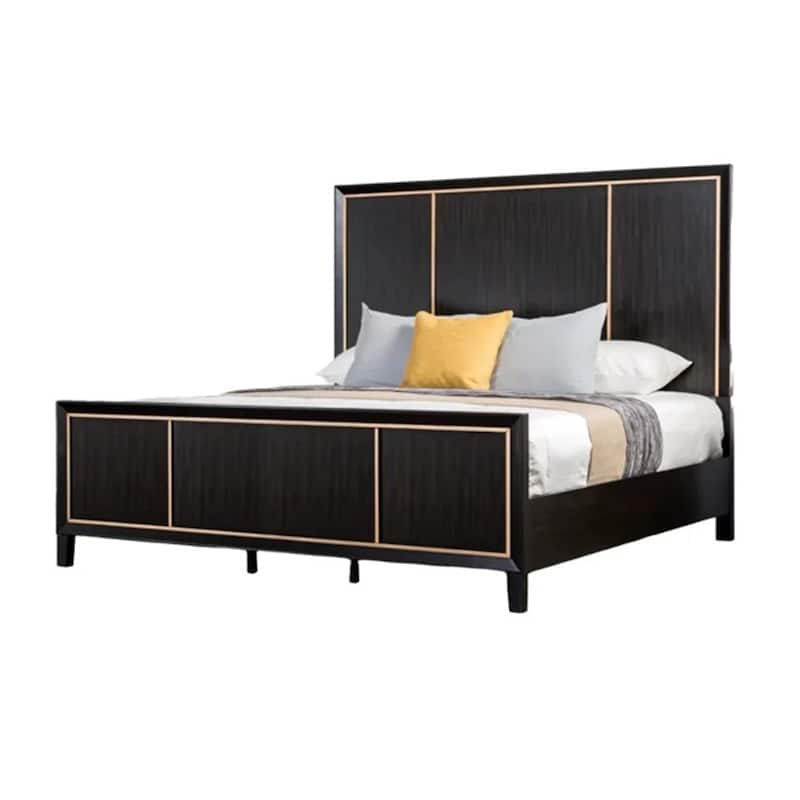 Yada Queen Bed w Gold Trim Accents, Tapered Legs, Espresso Brown Wood