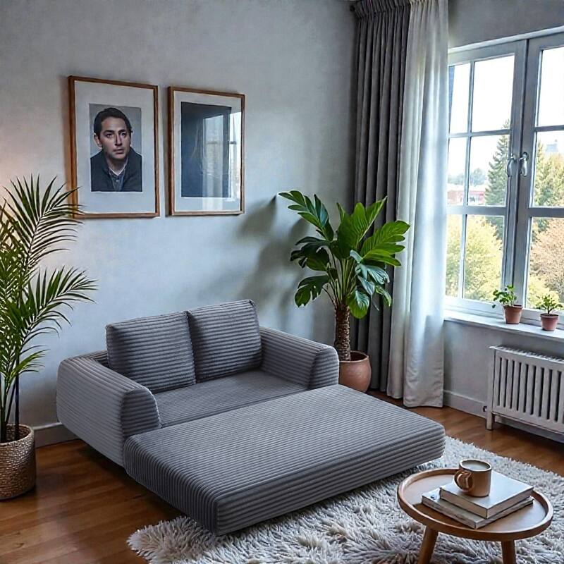 2 in 1 Folding Sofa Bed Loveseat, Corduroy Convertible Sleeper Couch with Pillows, Boneless Floor Futon