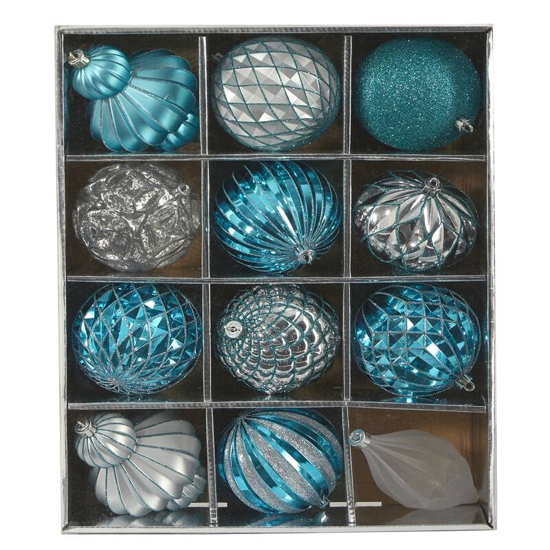 12ct Blue & Silver Shatterproof 3-Finish Christmas Tree Ornament 4"