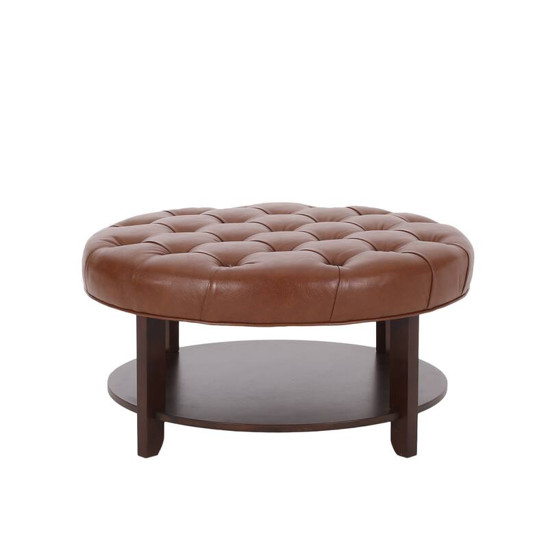 Rumbrook Faux Leather and Rubberwood Round Ottoman with Open Shelf by Christopher Knight Home