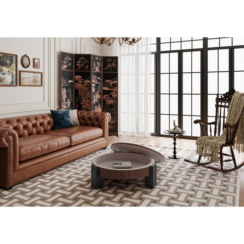 33" Round Coffee Table with Hidden Storage, Parquet Veneer Top Table, 3 Block Legs Sturdy Center Accent Table for Living Room