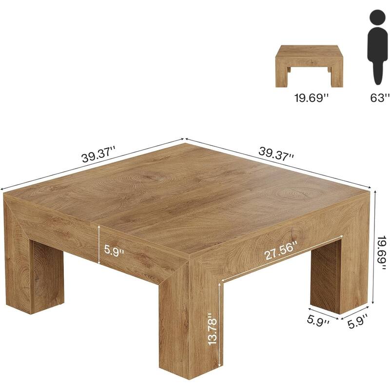 Farmhouse Square Coffee Table for Living Room, 39.37-Inch Low Large Center Tea Accent Table