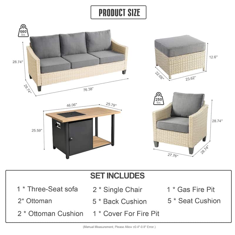 HOOOWOOO Outdoor 6-piece PE Wicker Conversation Patio Set with Fire Pit Table