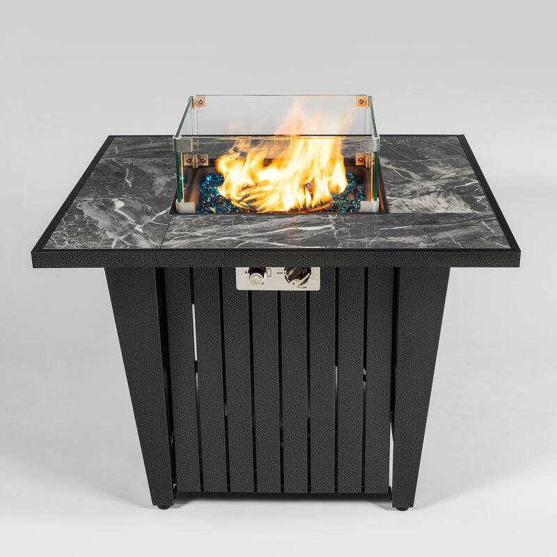 GDFStudio - Callahan 42" Steel Outdoor Fire Pit Table with Marble Tile Top, Glass Wind Guard & 50,000 BTU Flame