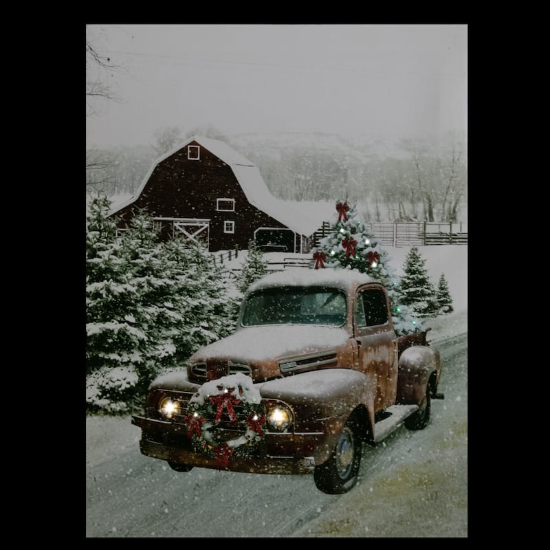 LED Lighted Fiber Optic Truck with Tree Christmas Canvas Wall Art 15.75" x 11.75"