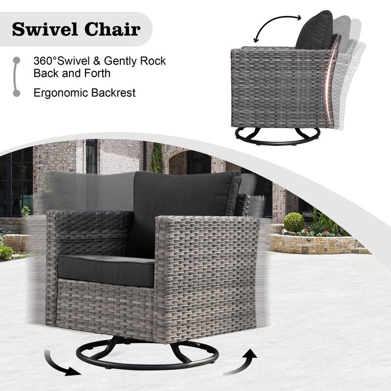 HOOOWOOO 9-piece Grey Wicker Patio Outdoor Sectional Set with Swivel Rocking Chair