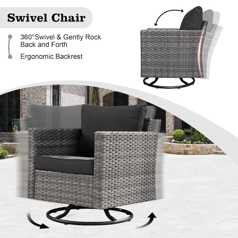 HOOOWOOO 11-piece Rattan Wicker Outdoor Furniture Set Swivel Chairs with Fire Pit