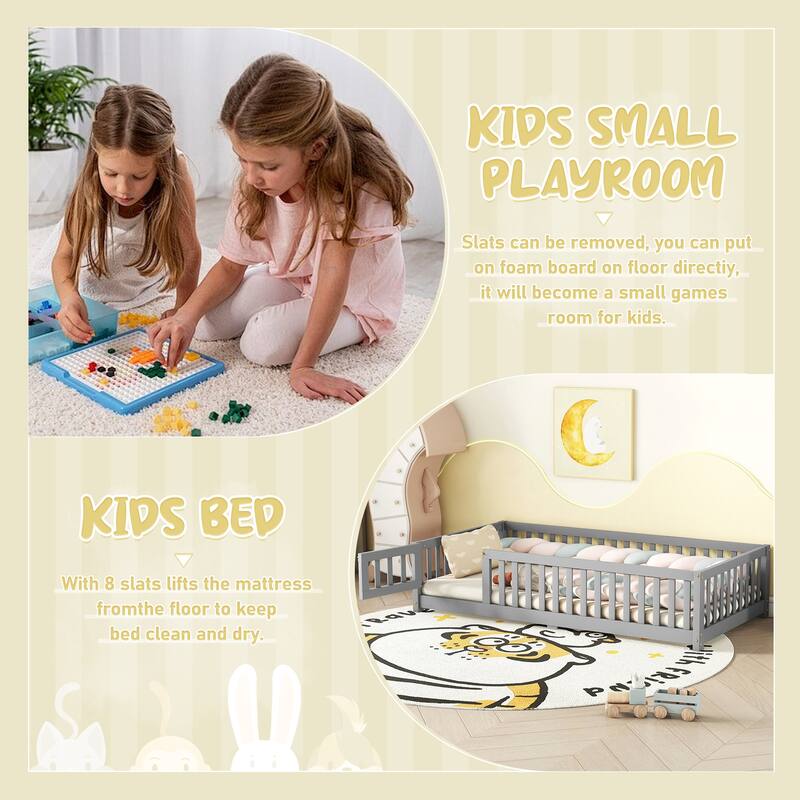Pine Wood Floor Bed with Safety Guardrails and Door for Kids