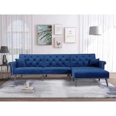 3 Seating Couches Reversible Sectional Sofa Sleeper Blue Velvet Upholstered Chaise with Metal Nailheads Decor & L-shape Sofa