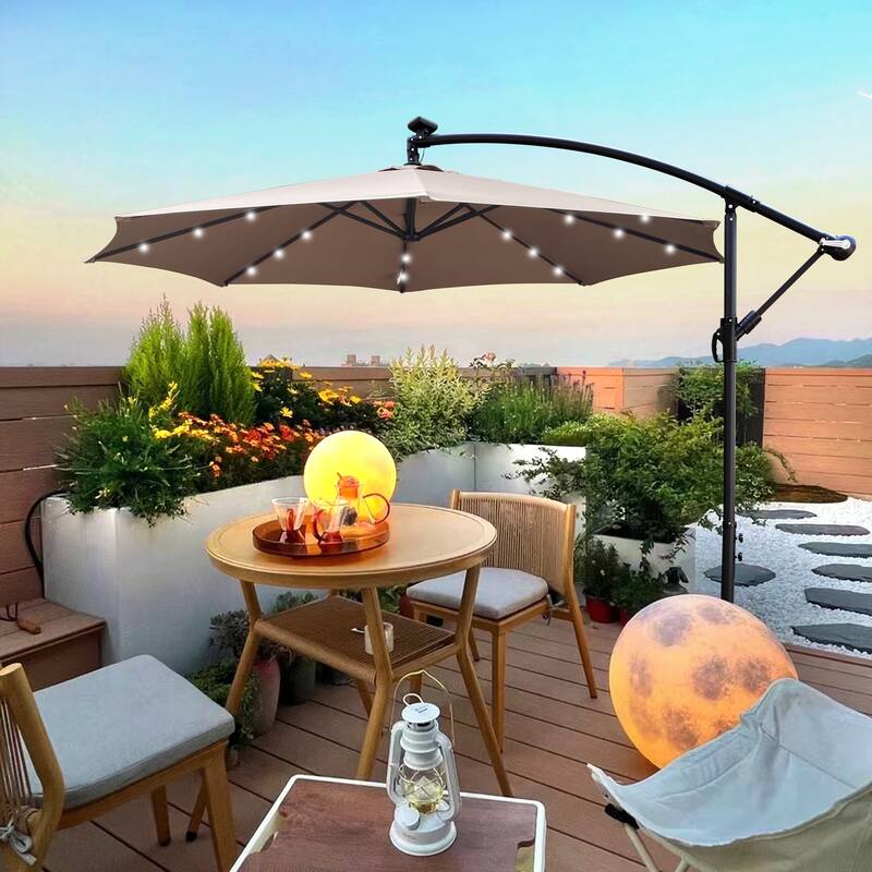 10 ft Solar Powered LED Patio Umbrella with Crank, Tilt, and Cross Base for Outdoor Pool and Garden Shade - White