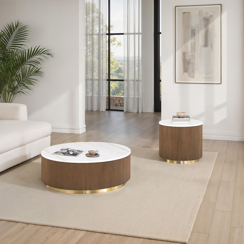 Modern Genuine Marble Top Coffee Table with Accent Gold Stainless Steel Base - White+Brown(3PCS) - 1 Round+2 Small Round