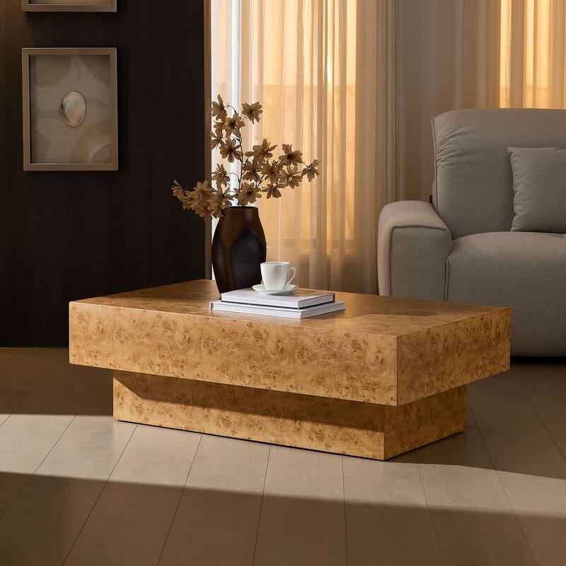 GDF Studio - Calera Mid-Century Modern Faux Burl Wood Coffee Table with Pedestal Base - Burly Wood