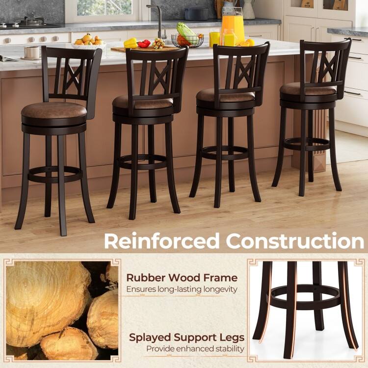 Coffee & Brown Swivel Bar Stools Rubber Wood Counter Chairs with Backrest & Footrest