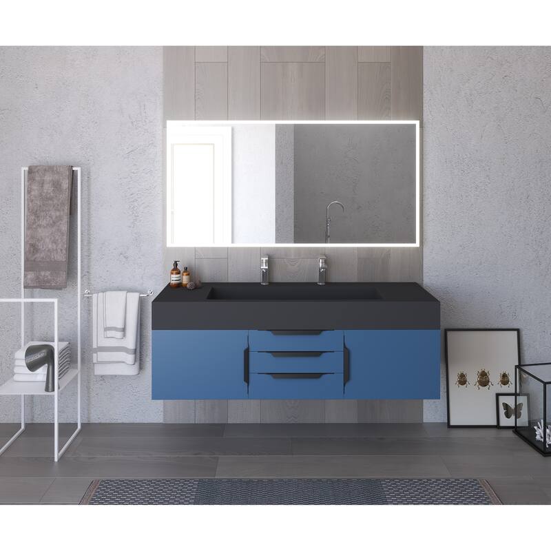 Nile 60" Wall Mounted Bathroom Vanity Set w/ Black Top
