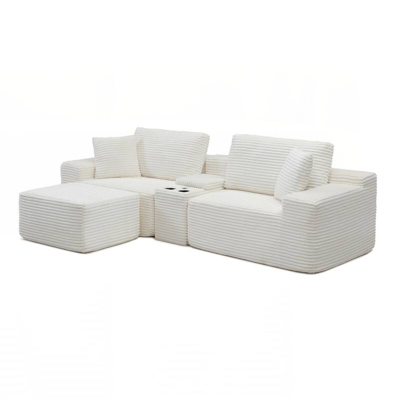 Modular Sectional Sofa, Deep Seat Corduroy Cloud Couch with Cup Holders, USB Ports & Storage Box