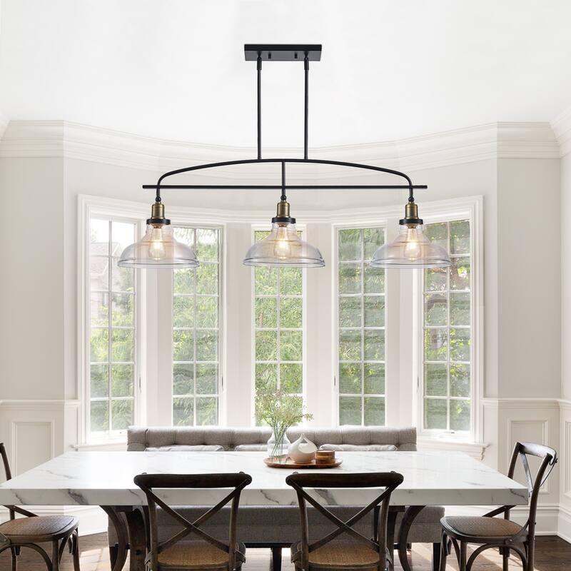 Industrial-Style 3-Light Pendant Light with Transparent Glass Shade, for Kitchen Islands, Dining Rooms and Living Rooms