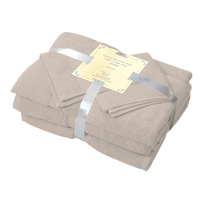 Luxurious Cotton 8 Piece Bathroom Towel Set - Absorbent 600 GSM - 4 Washcloths, 2 Hand Towels, 2 Bath Towels - 27''X54'' - Beige