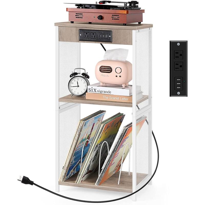 Vinyl Record Storage Table with Album Storage Power Outlet