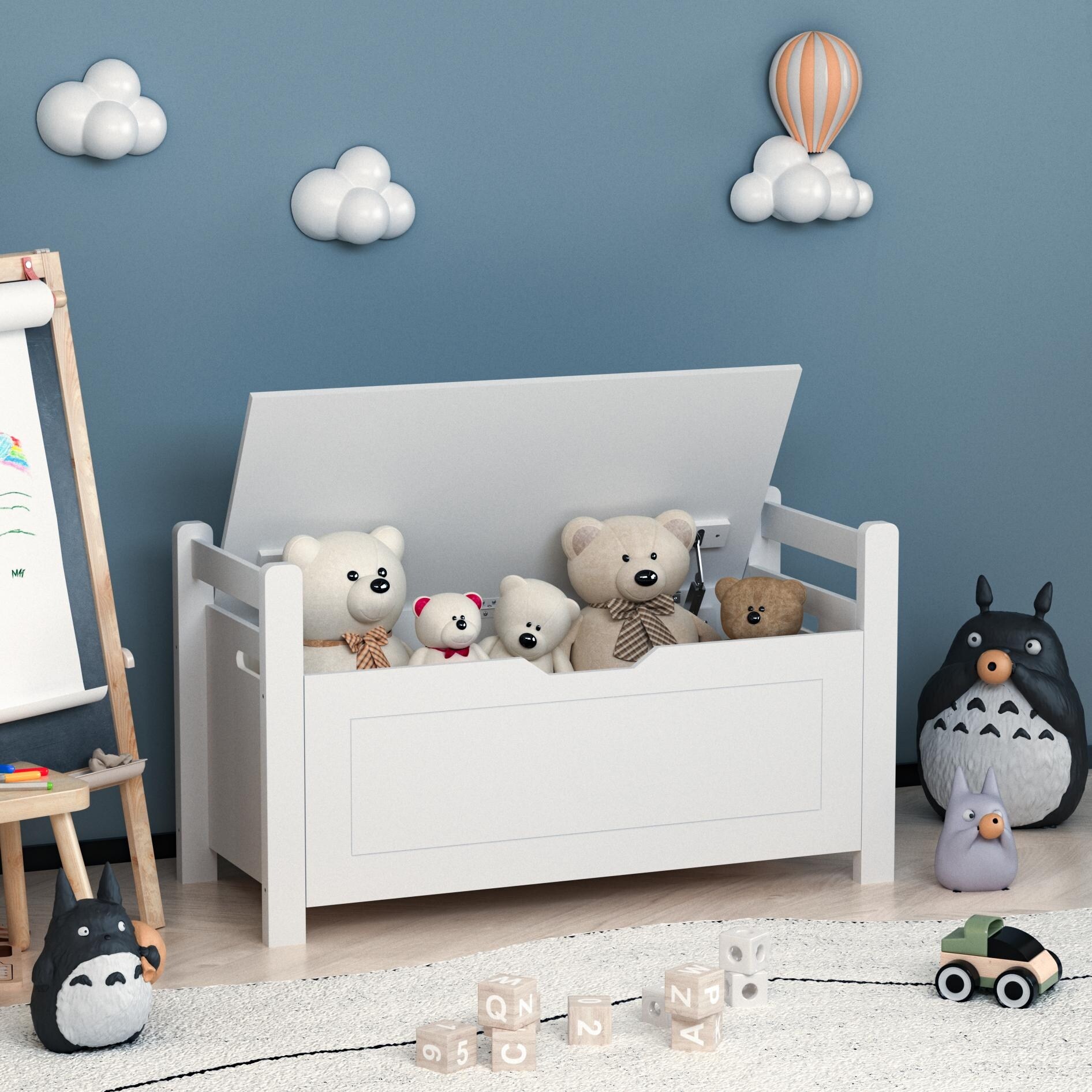Kids Toy Box Chest White Rubber Wood Toy Box for Boys Girls Large Storage Cabinet with Cushion Seat Bench Flip Top Lid Bed Bath Beyond 40929486