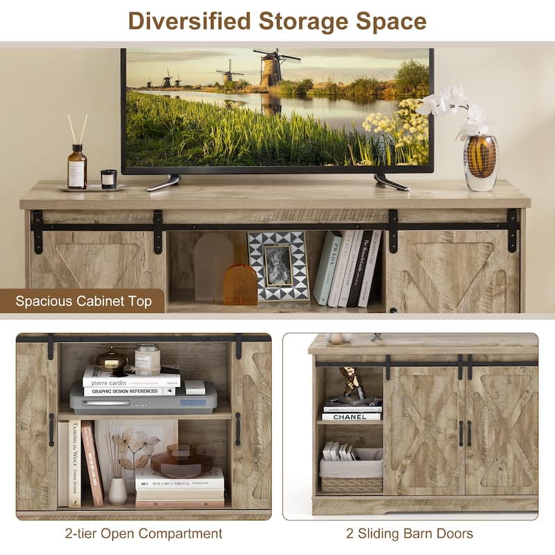 Farmhouse Entertainment Center with Adjustable Shelves and Storage Cabinet-Gray - 59" x 15.5" x 31.5"