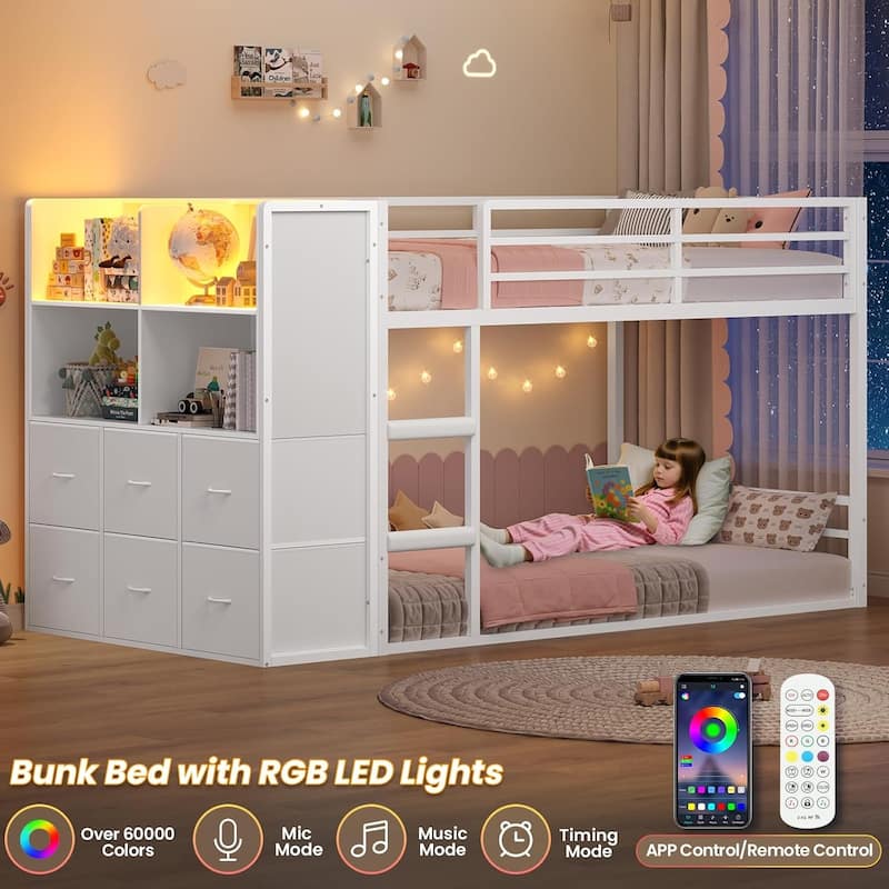 Twin Size Low Loft Bed 6 Fabric Storage Drawers LED Lights Twin Over Twin Bunk Bed