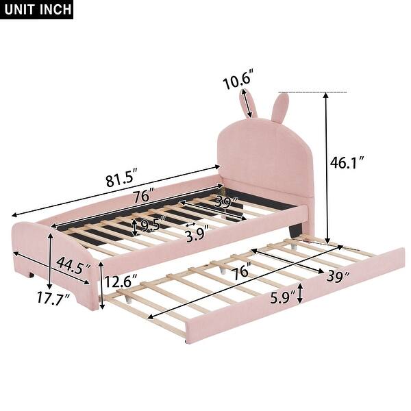 Pink+Trundle Chenille Upholstered Twin Size Platform Bed with Trundle